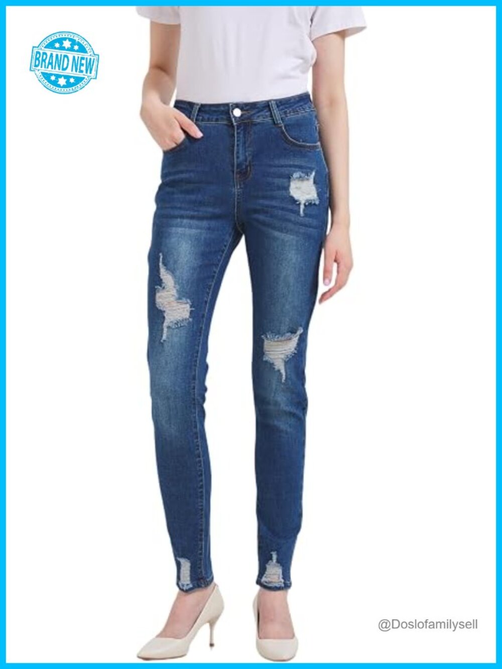 High Waisted Skinny Ripped Jeans Stretchy Distressed Tummy Control Denim